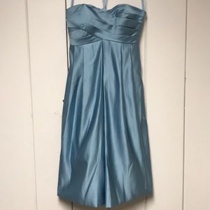 Blue satin strapless cocktail bridesmaid dress